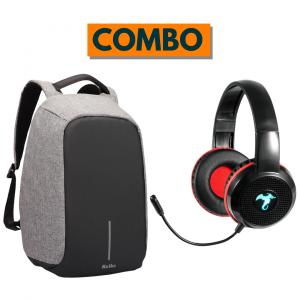 COMBO Mochila Anti-Robo KOLKE KVM-245 Gris Claro + Auricular Gamer con Micrófono Kolke Hero KGA-312 Azul